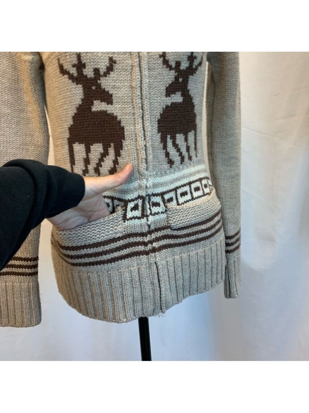 Triple Five Soul beige brown reindeer Zipup jacket wool sweater Sz S - Picture 8 of 15